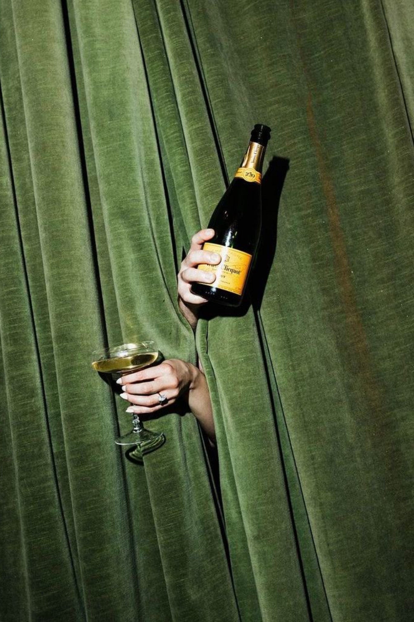 Grüner Vorhang aus den Händen herausragen, die ein Champagnerglas und einen Champagner halten 