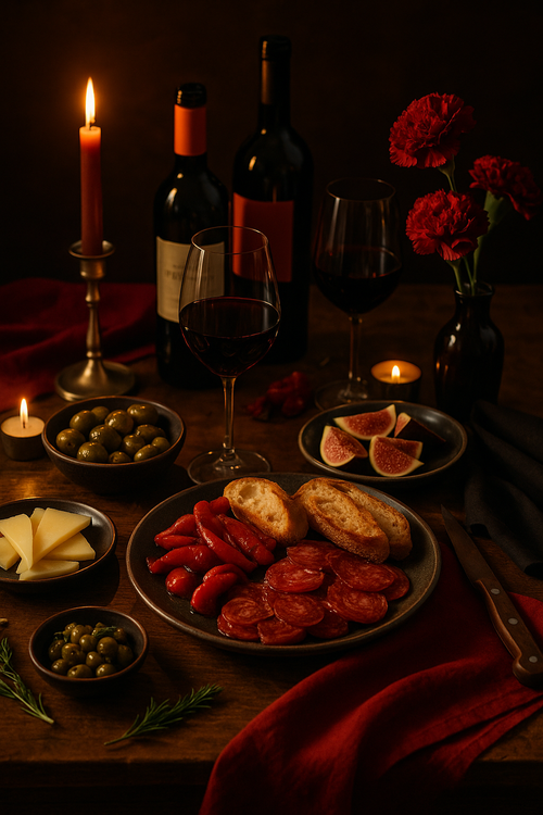 romantisch gedackter Tisch mit gebratenen Ciabatta in Olivenöl mit eingelegter Paprika und scharfer Chorizo
